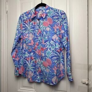 Talbots Pineapple Shirt Womens Medium Tropical Button Up Beach Cotton Preppy